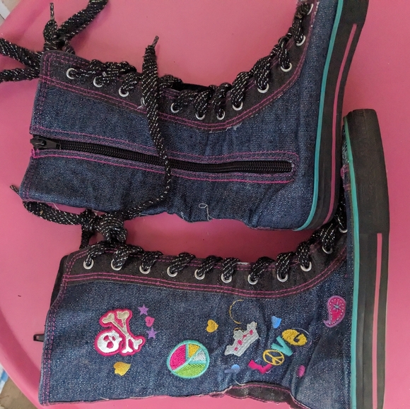 Bongo Girls Size 3 Denim Lace Up Boots with Patches and Sequins - Picture 2 of 7